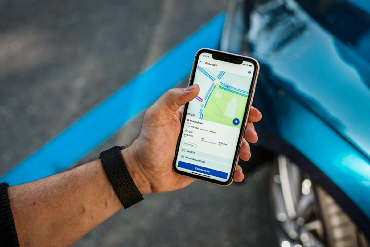 city parking availability app screen autumn morning prague