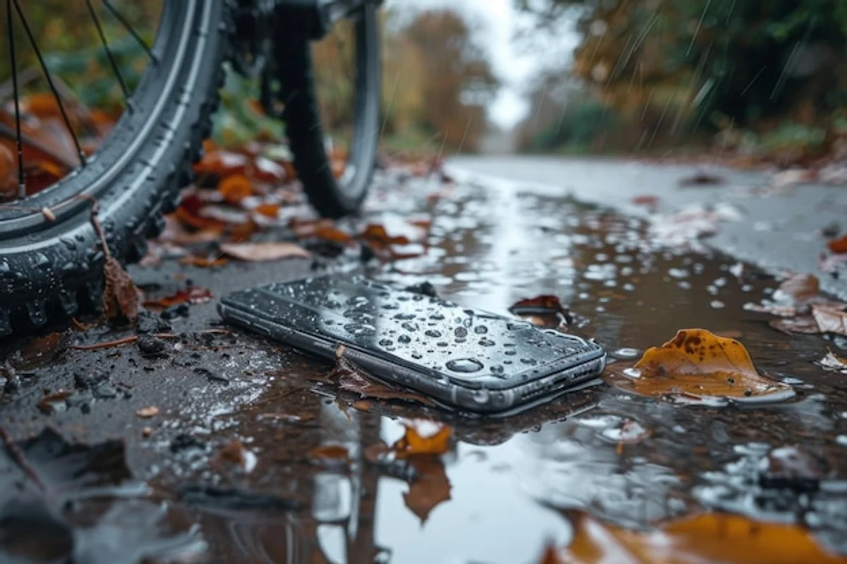 wet smartphone in autumn rain leaves