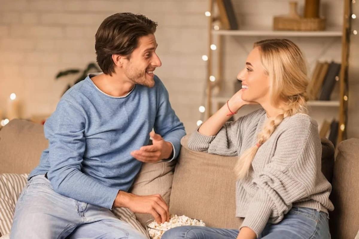 cozy winter evening couple talk