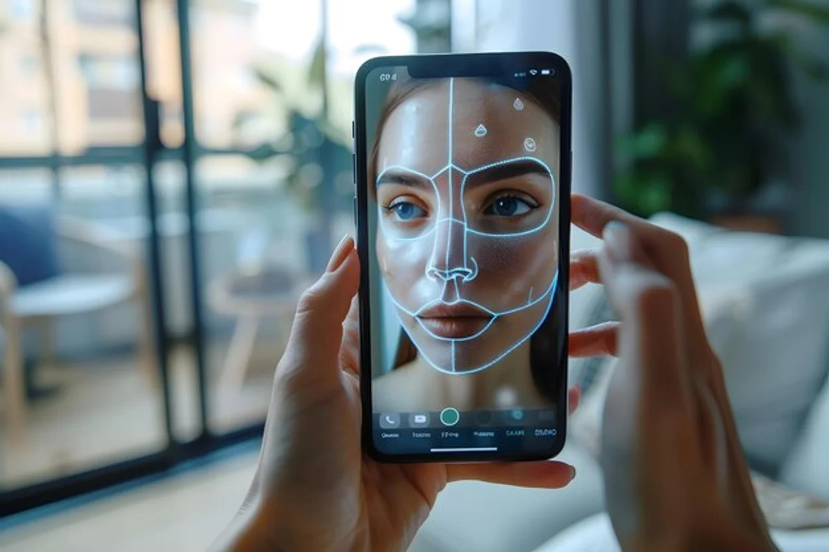 face skin analysis with mobile app woman bright background