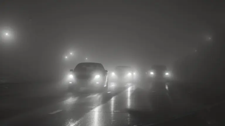 driving safely in fog, car headlight in mist, cautious driver foggy weather