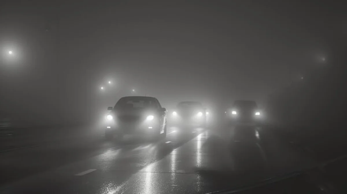 driving safely in fog, car headlight in mist, cautious driver foggy weather