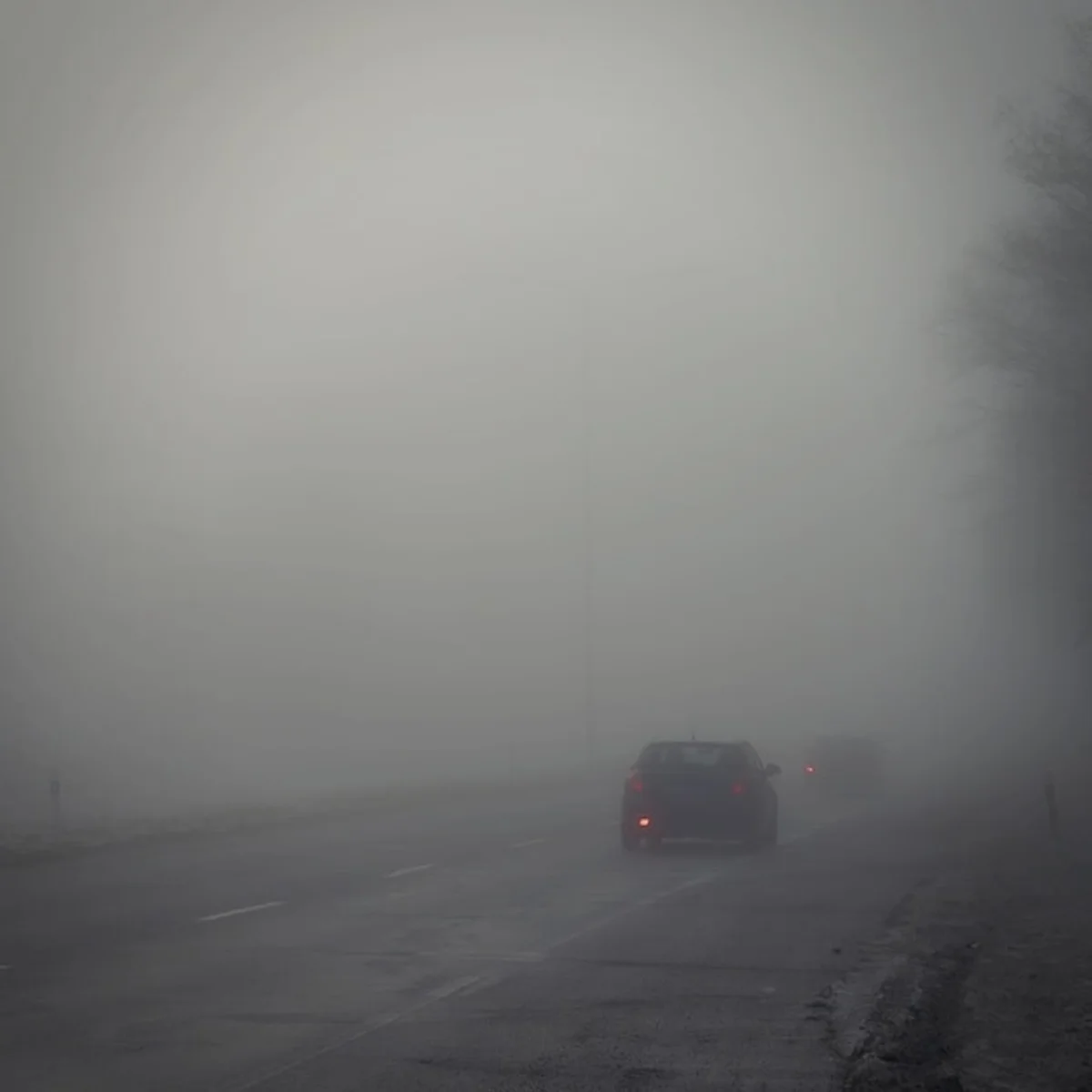 driving in fog, misty road, dangerous weather, car headlights