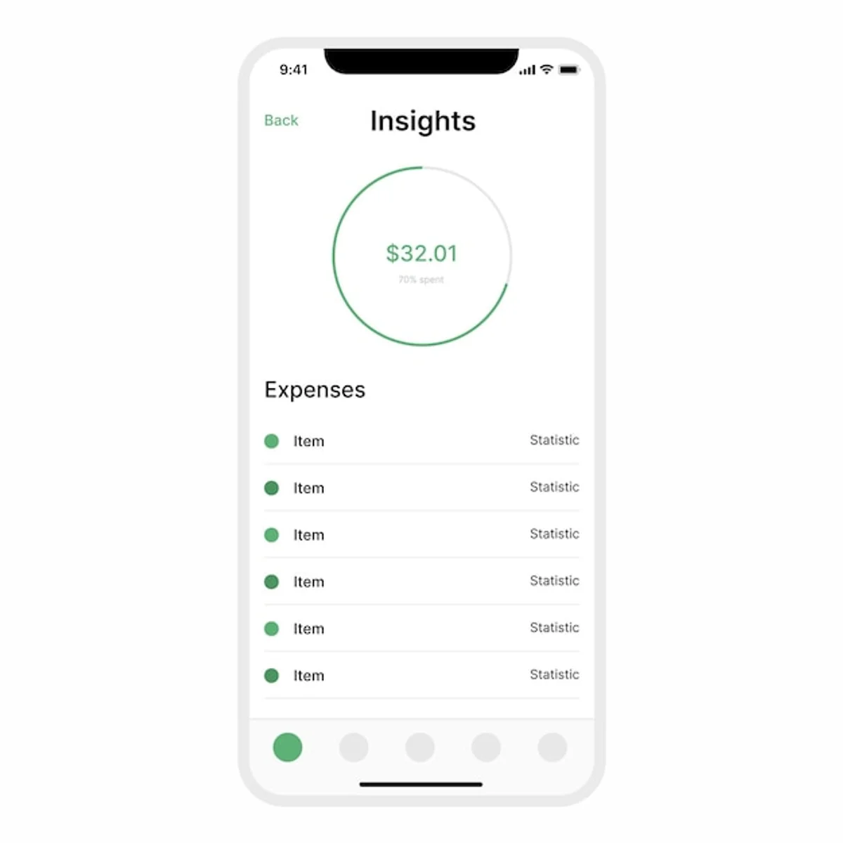 modern minimalistic app interface for expense tracking on mobile screen
