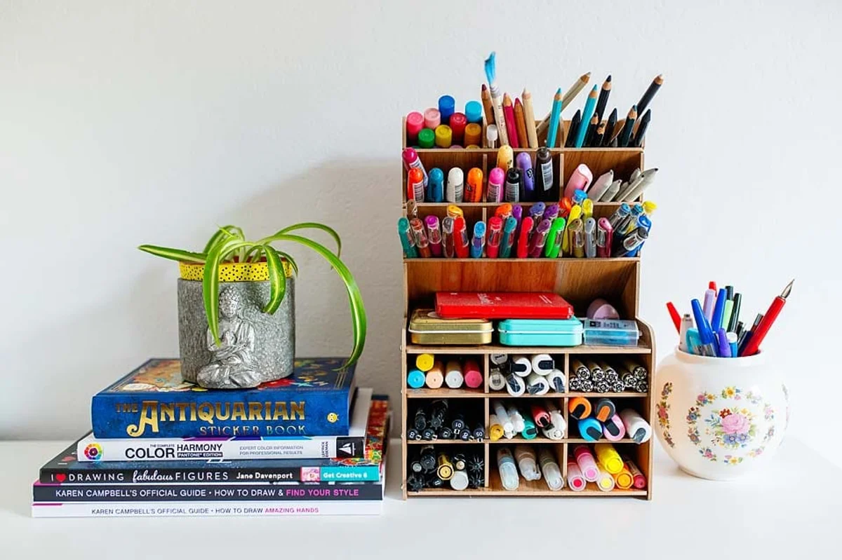 organizing art supplies small apartment Czech style