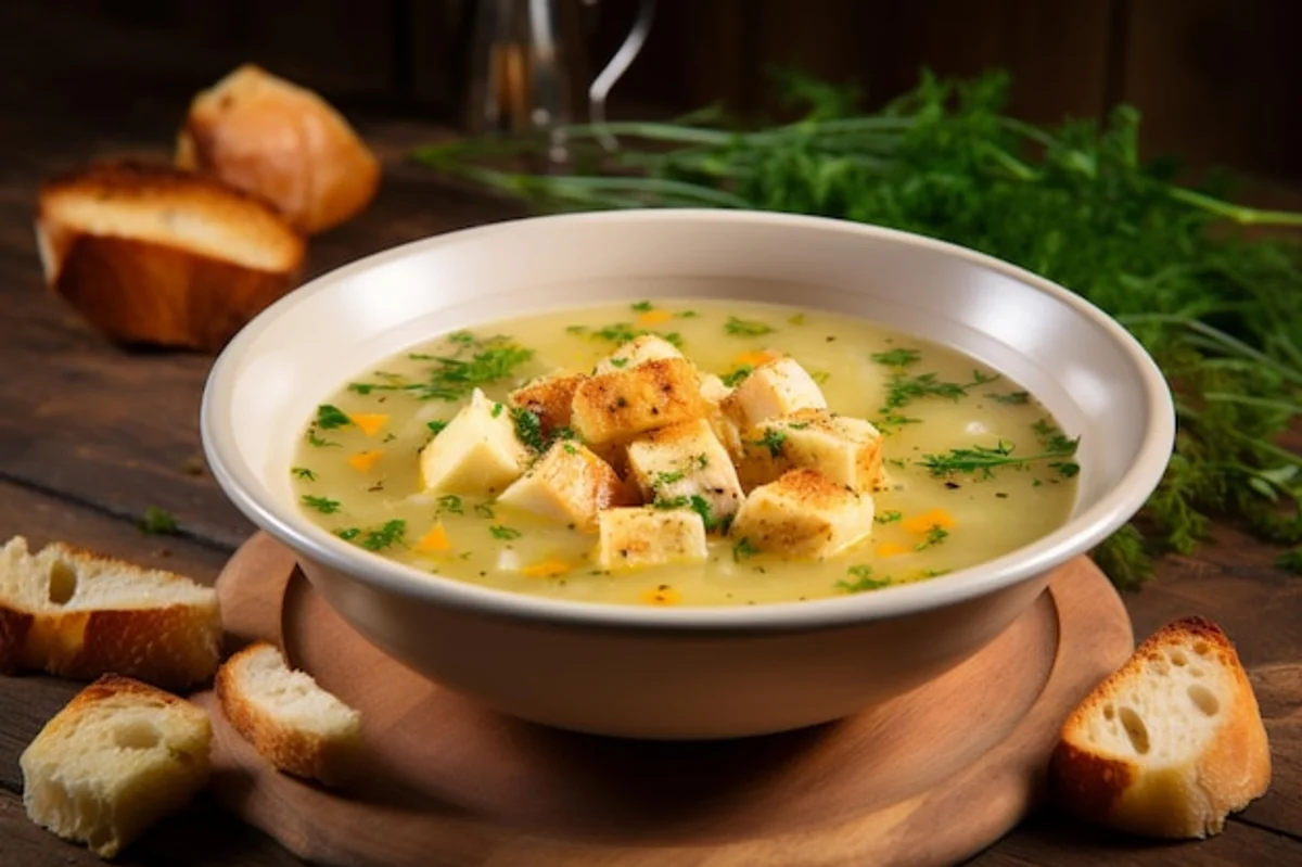 bowl of homemade vegetable soup with garlic Czech autumn kitchen