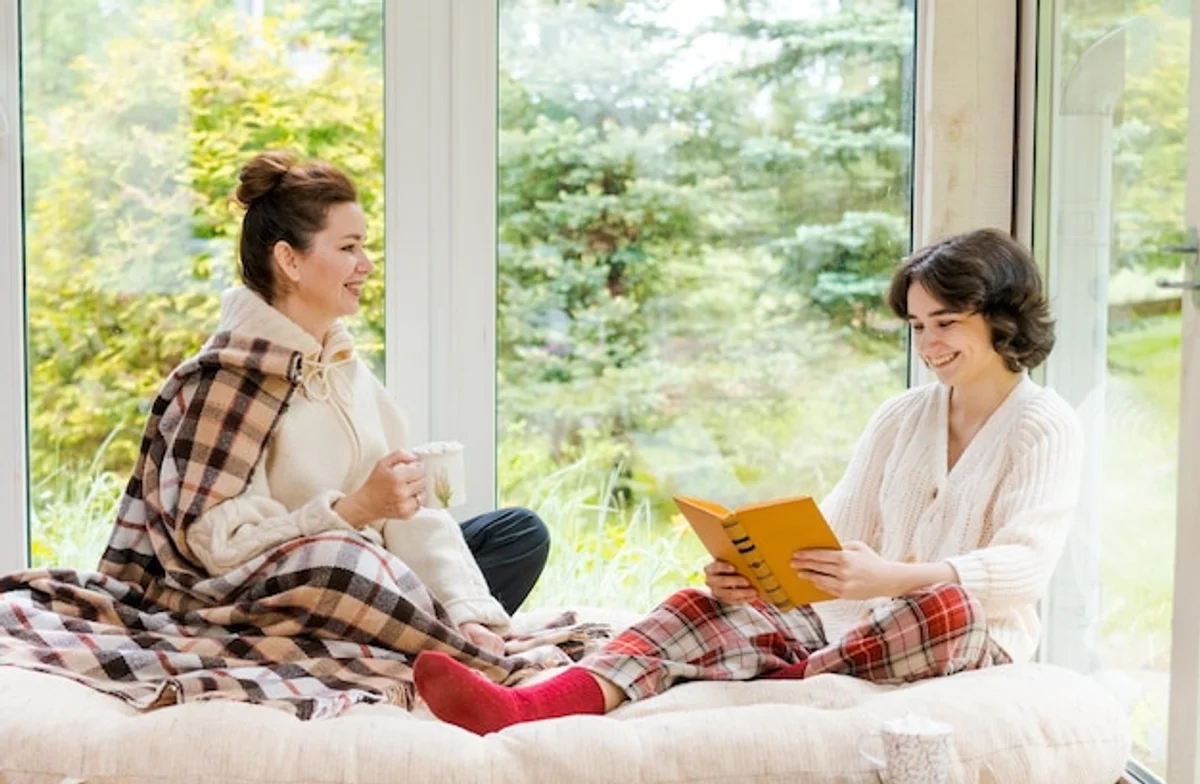 family conversation at home, relaxed, natural, Czech living room