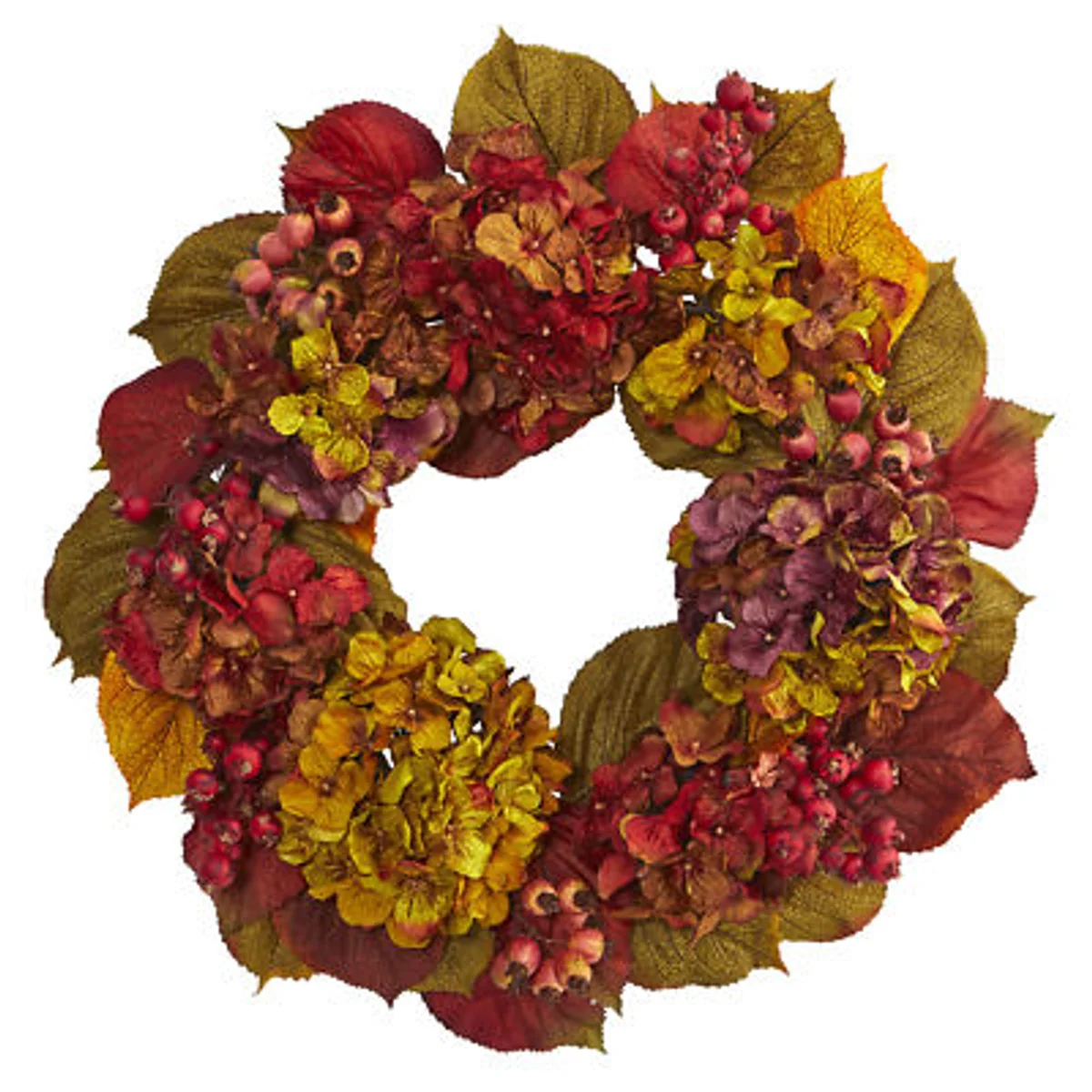 Czech autumn garden decoration with apples, hydrangeas and natural wreath