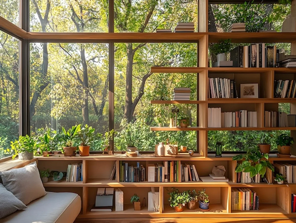 home office plant cozy organized bookshelf natural light