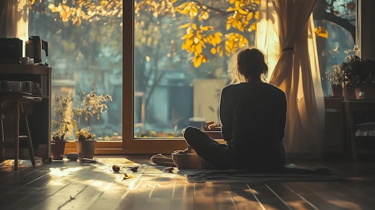 woman meditating after hiking trip in cozy living room