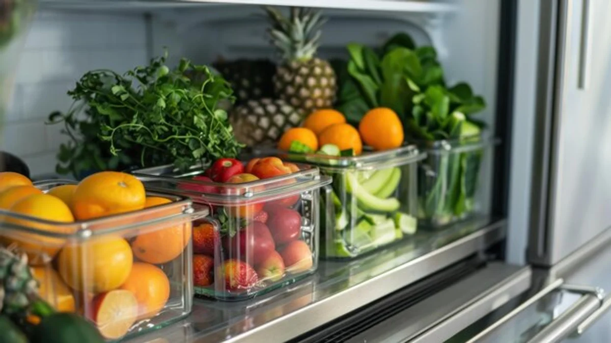 organized fridge with fresh food and transparent containers