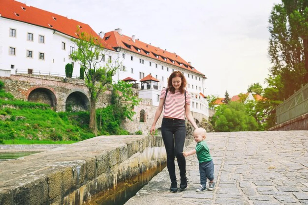 happy family hiking Czech mountains summer