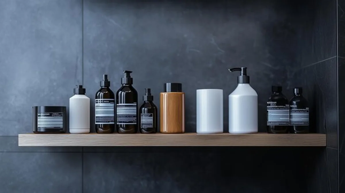 organised bathroom shelves with cosmetics minimalist style