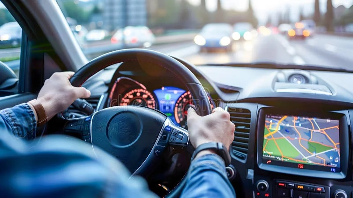 dashboard and foggy highway, hand on wheel, nervous Czech driver