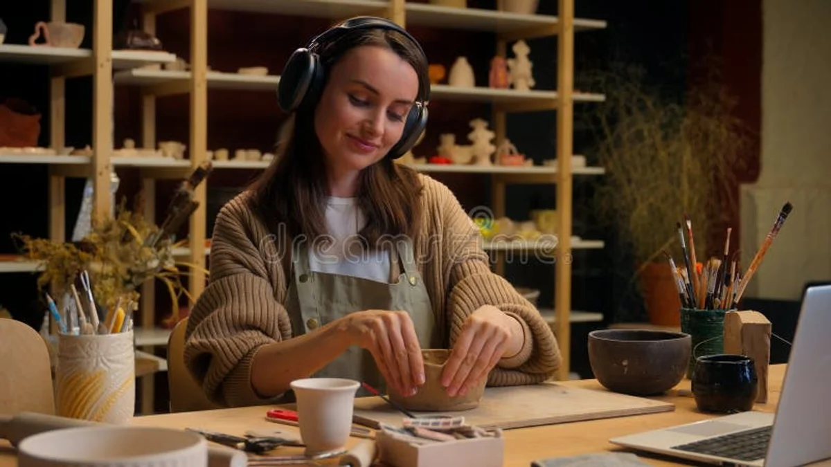 women crafting with clay in cozy studio, art therapy, concentration