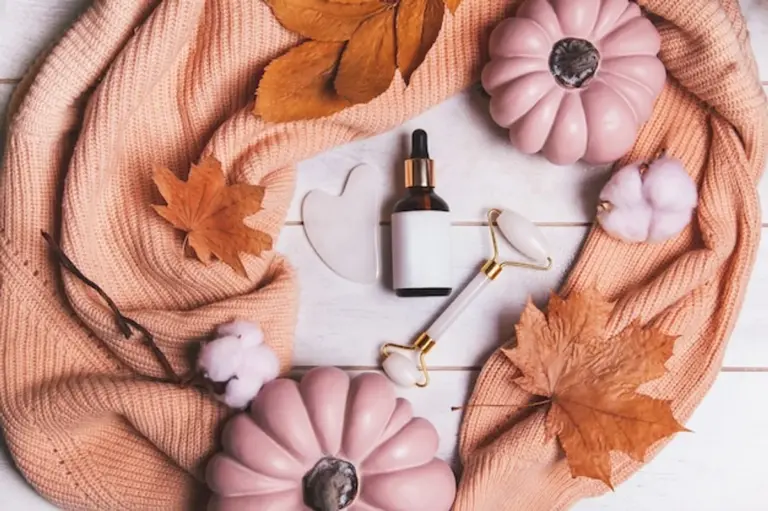 autumn natural skincare routine oil bottles flatlay