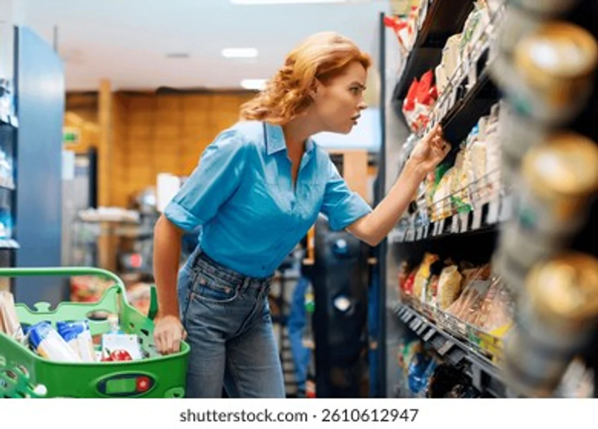 impulse shopping emotional spending supermarket woman worried