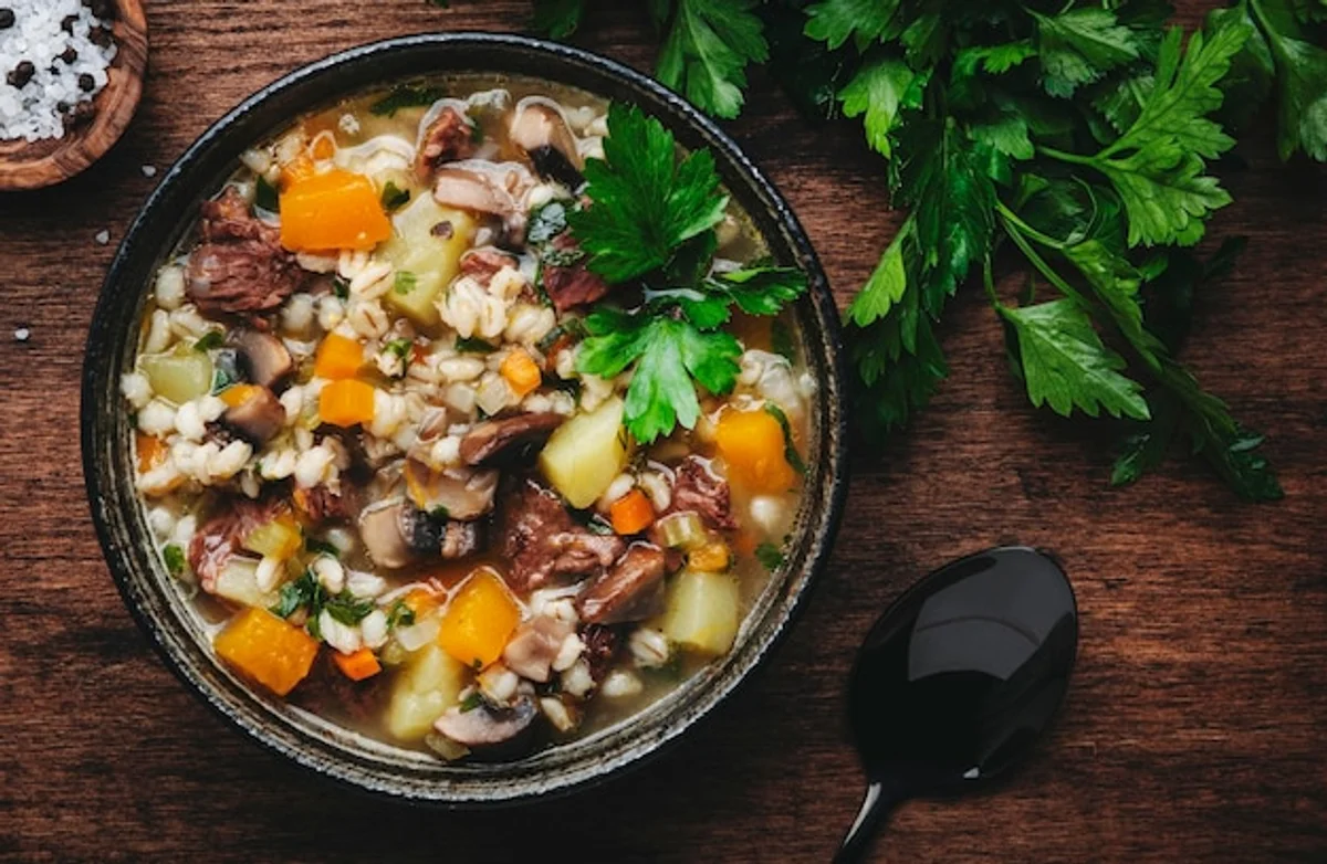 mushroom soup rustic wooden table bowl autumn comfort food