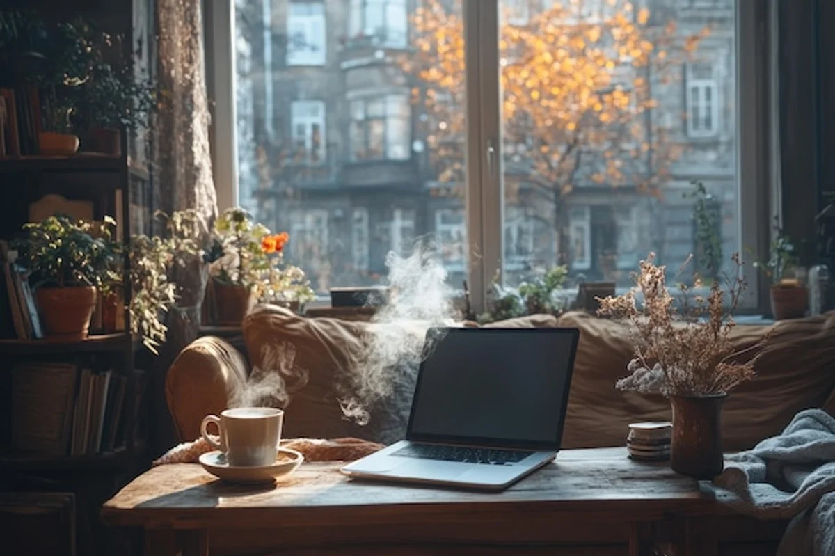 cozy home office autumn window focus