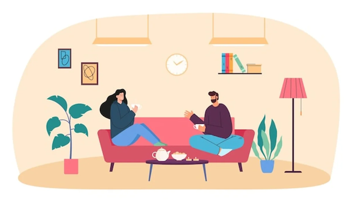 scandinavian couple talking relationship living room