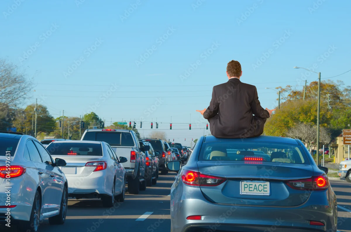 Czech driver relaxing in car yoga breath traffic jam