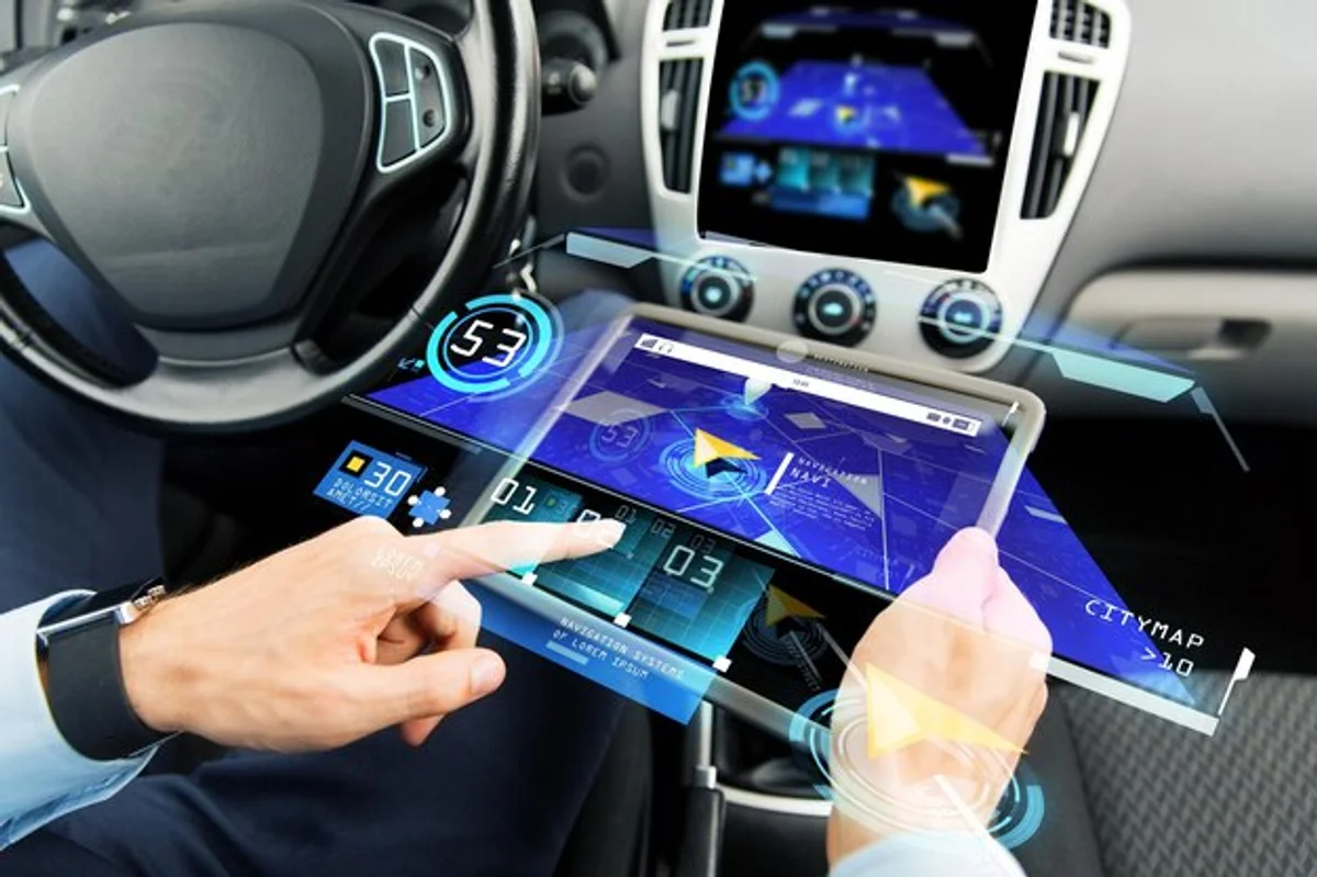 modern car dashboard with gps navigation showing European route