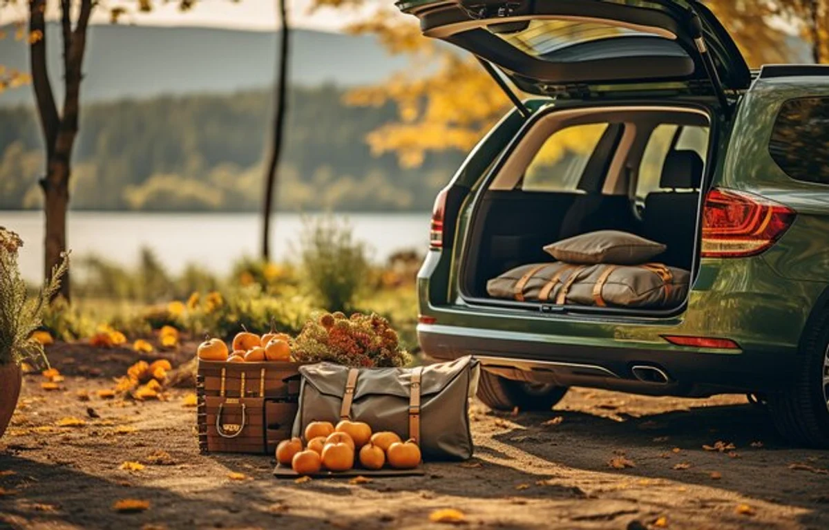 organized car trunk with autumn travel gear