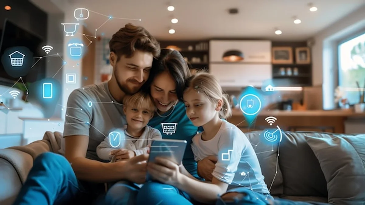 funny family using home organization app on tablet