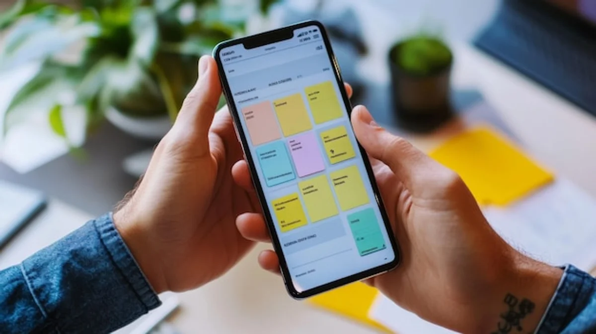calendar on mobile app and home chores list modern flat lay