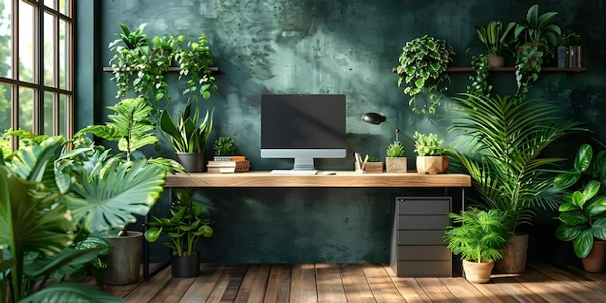 minimalist home office with green plants