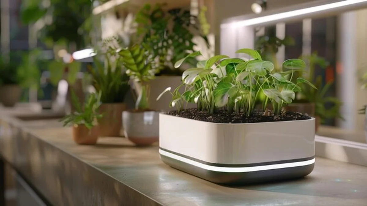 close-up smart plant sensor measuring soil moisture in modern living room