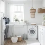 woman washing large blanket home washing machine cozy modern bathroom