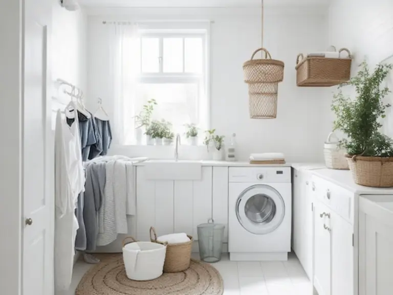 woman washing large blanket home washing machine cozy modern bathroom