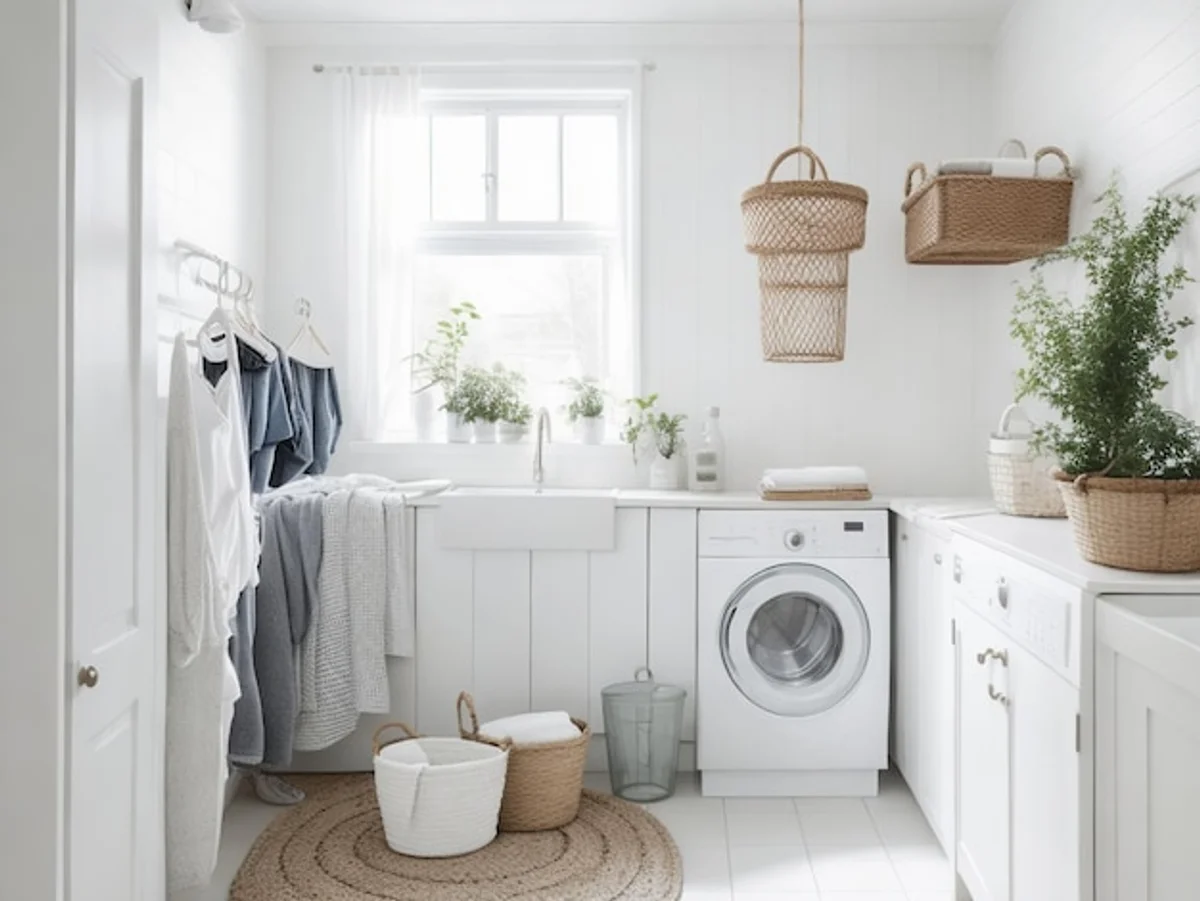 woman washing large blanket home washing machine cozy modern bathroom