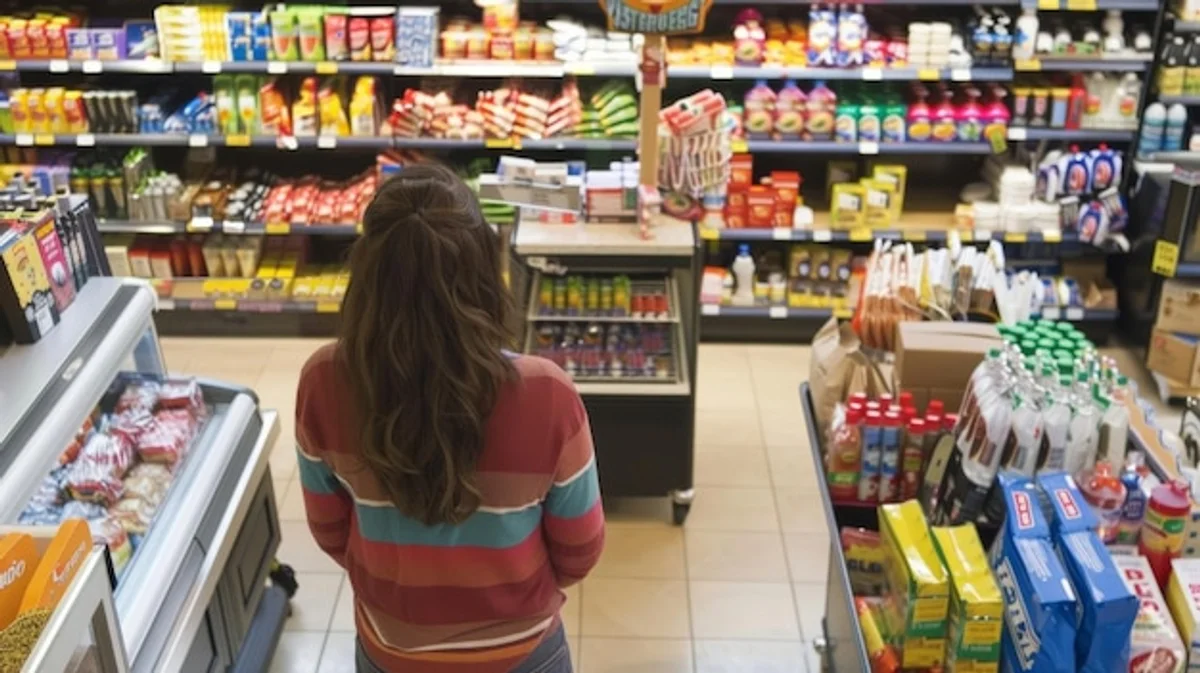 woman shopping impulsive colorful supermarket