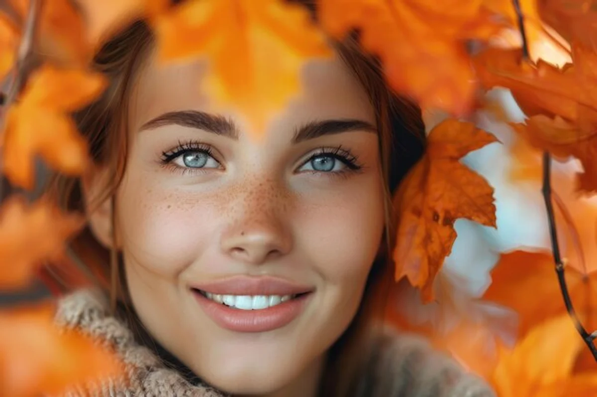 close up healthy skin autumn leaves woman facial care