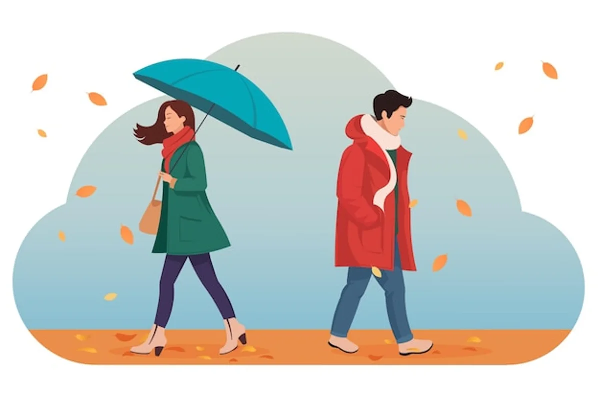 autumn couples walk leaves rain