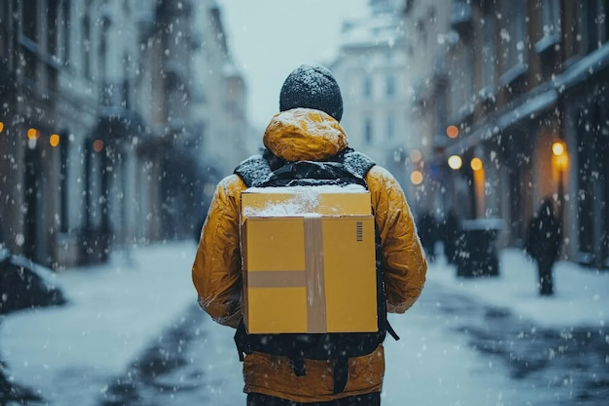 employee in winter icy street commuting to work