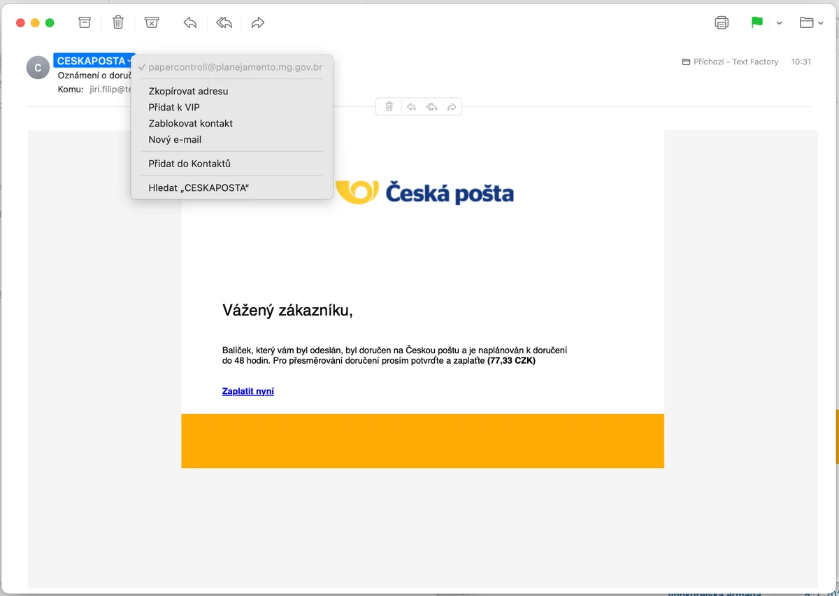 czech phishing email example