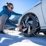 car snow chains in alpine mountains