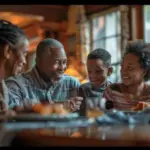 family talking at the dining table candid