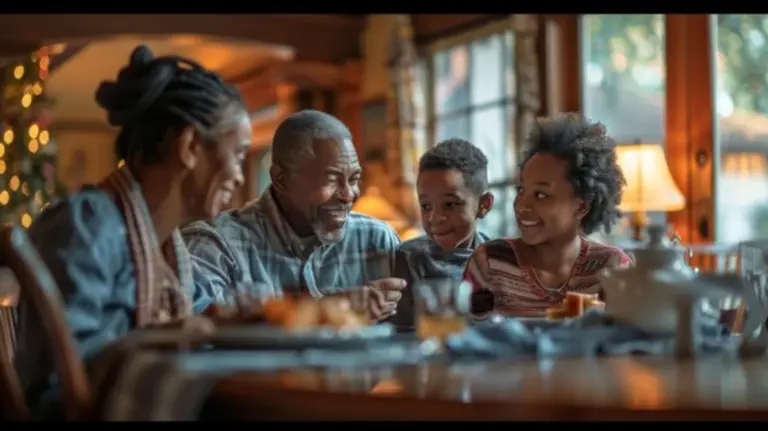 family talking at the dining table candid