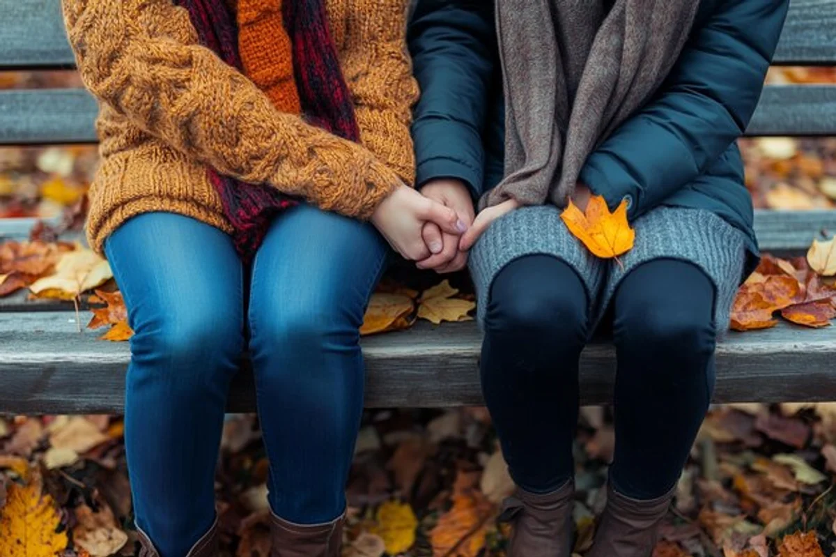 couple autumn walk park holding hands cozy clothes