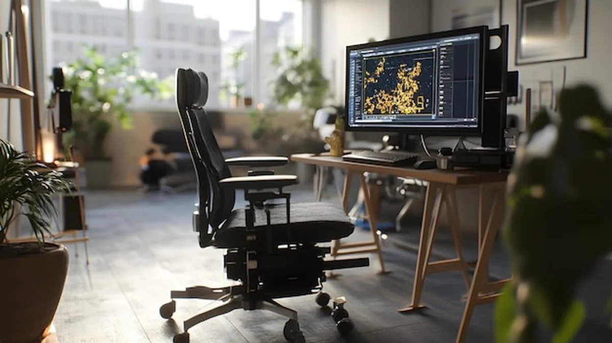 modern home office setup with ergonomic chair and large monitor
