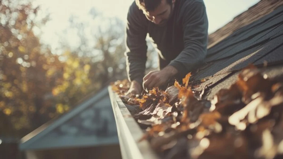 cleaning gutters autumn leaves roof top house