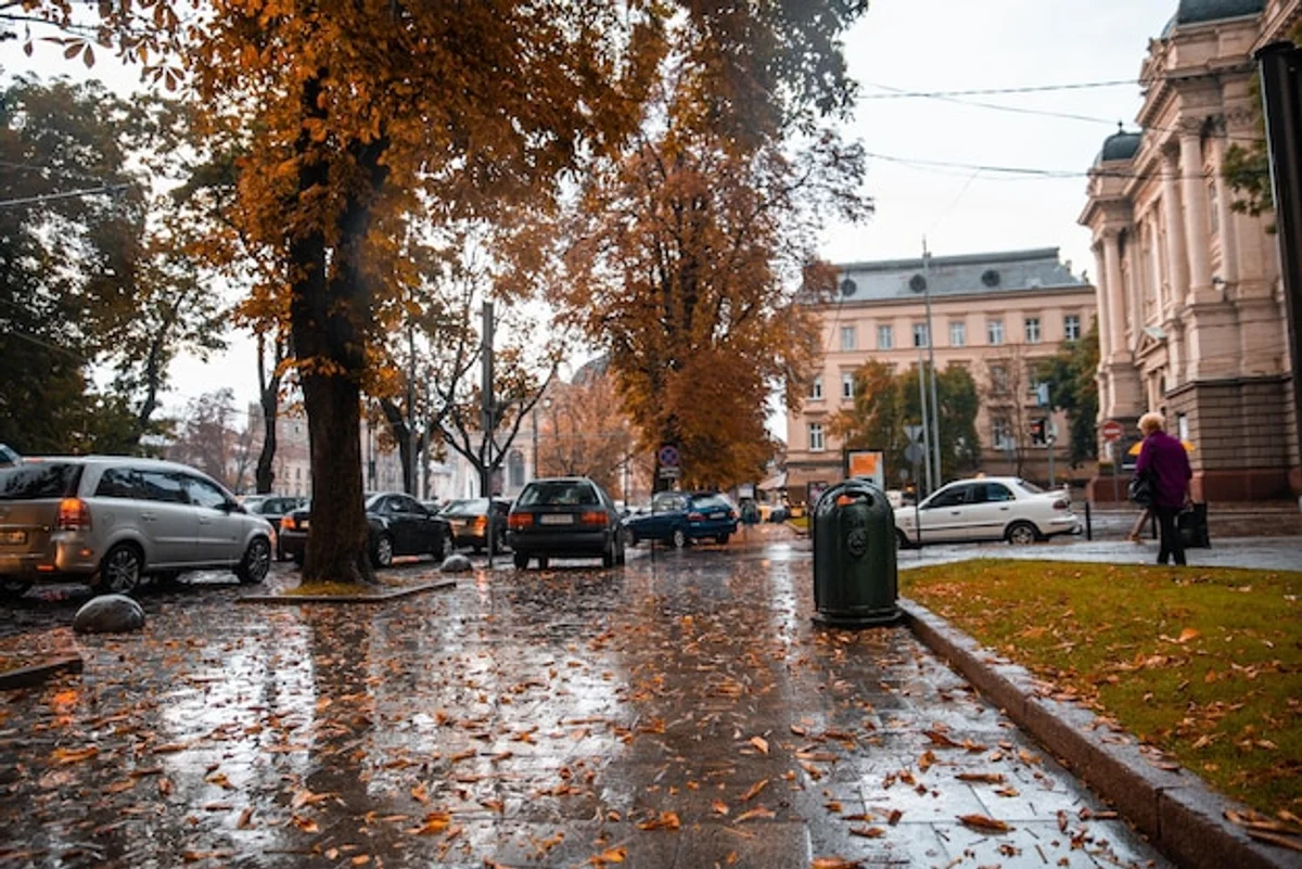 empty european city center autumn rain