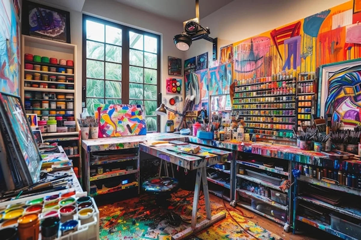 artist organizing art studio, colorful supplies neatly arranged