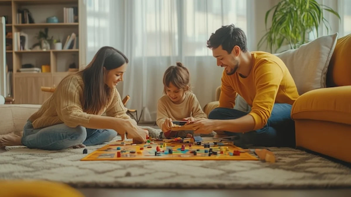 happy family playing board games together in living room