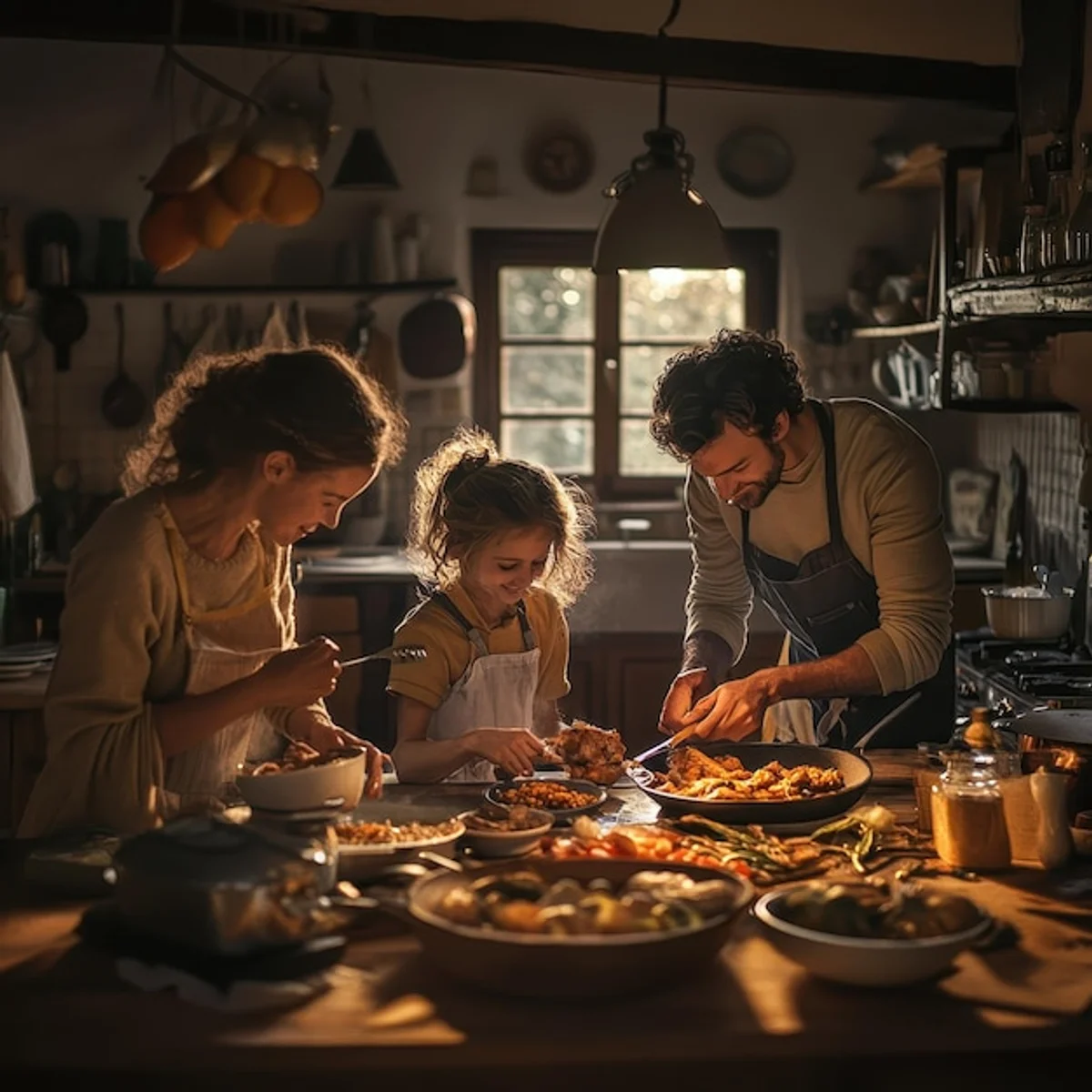 family cooking dinner together in cozy kitchen