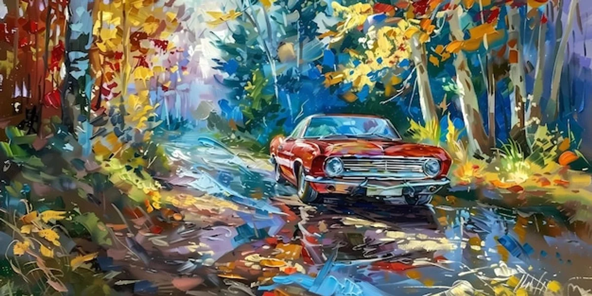 car oil change in autumn forest road